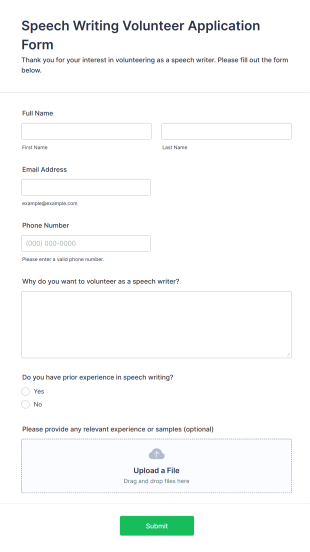 Speech Writing Volunteer Application Form Form Template