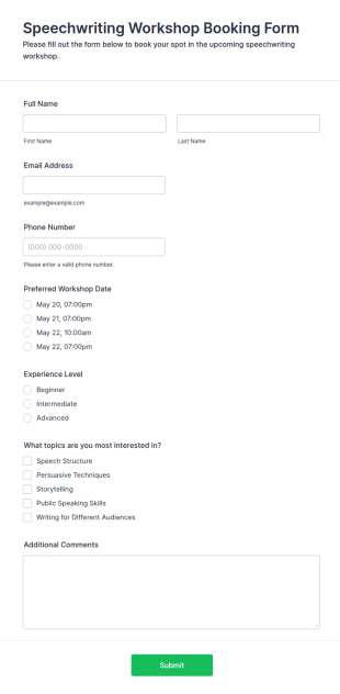 Speechwriting Workshop Booking Form Template