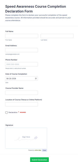 Speed Awareness Course Completion Declaration Form Template