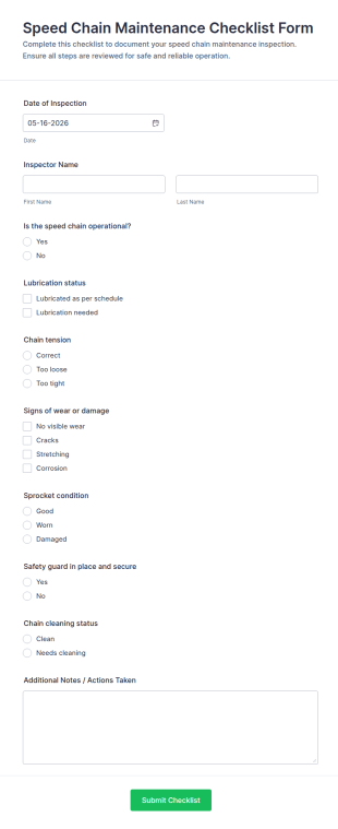 Speed Chain Maintenance Checklist Form Template