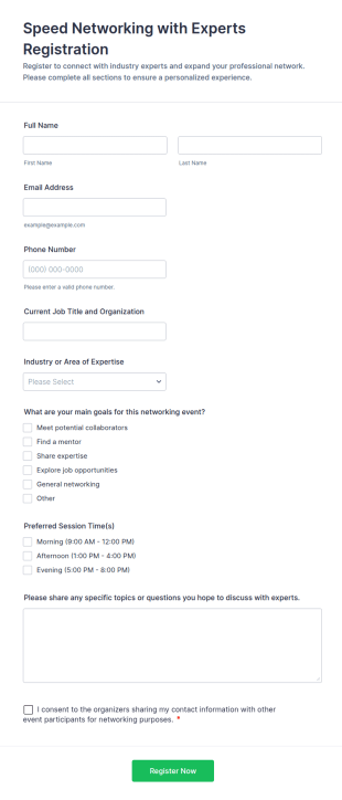 Speed Networking With Experts Registration Form Template