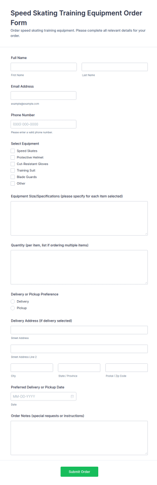 Speed Skating Training Equipment Order Form Template