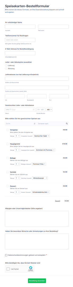 Speisekarten Bestellformular