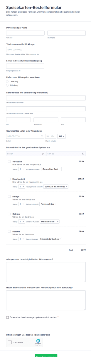 Speisekarten Bestellformular