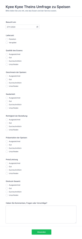 Speisen Bewertungsformular Form Template