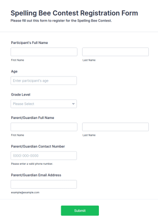 Spelling Bee Contest Registration Form Template