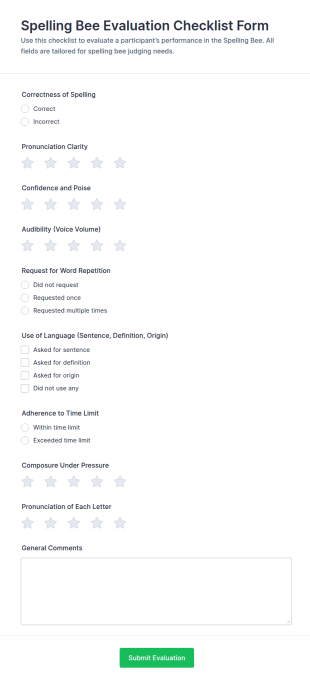 Spelling Bee Evaluation Checklist Form Template