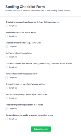 Spelling Checklist Form Template