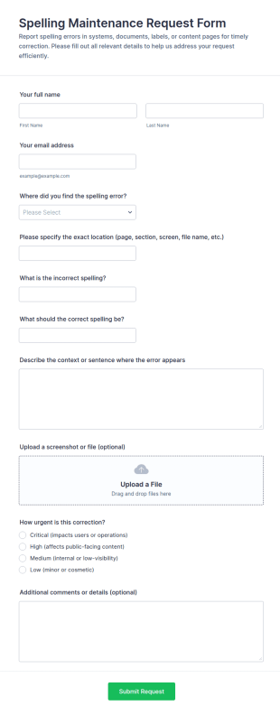 Spelling Maintenance Request Form Template
