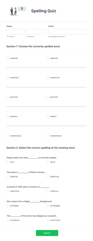 Spelling Quiz Form Template