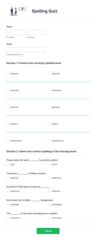 Spelling Quiz Form Template