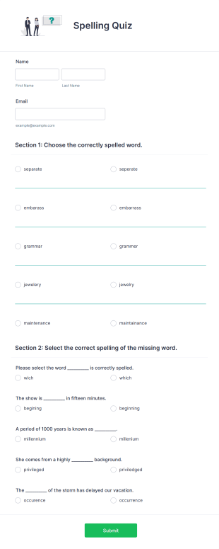 Spelling Quiz Form Template