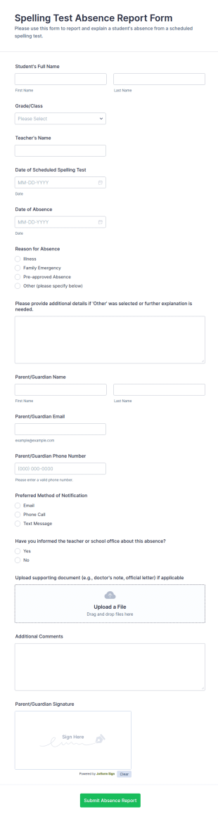 Spelling Test Absence Report Form Template