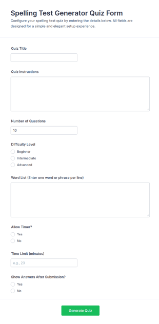 Spelling Test Generator Quiz Form Template