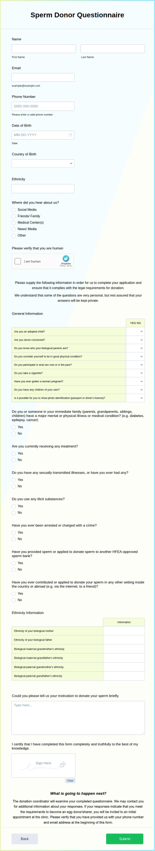 Sperm Donor Questionnaire Form Template