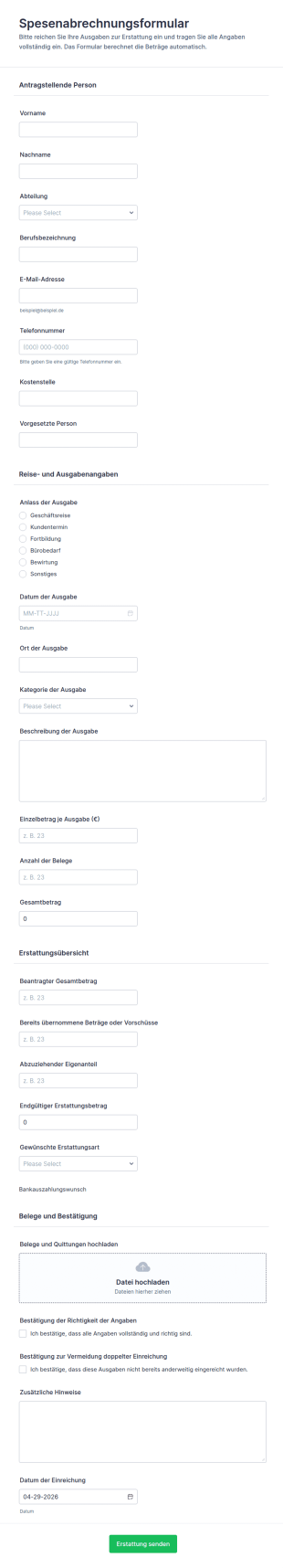 Spesenabrechnungsformular Mit Berechnungen