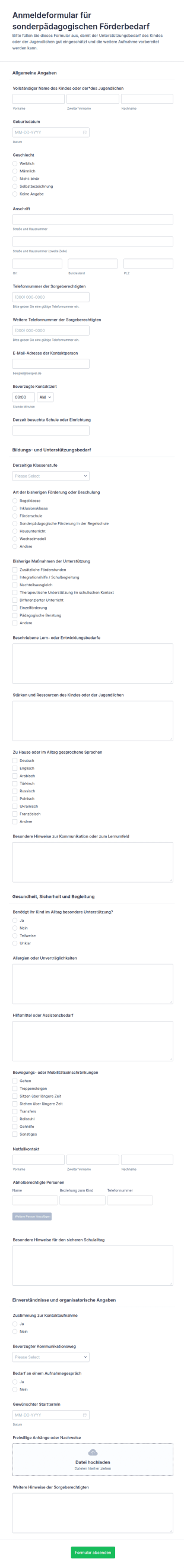 Spezialpädagogischer Aufnahmebogen