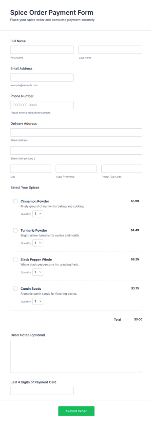Spice Order Payment Form Template