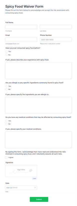 Spicy Food Waiver Form Template