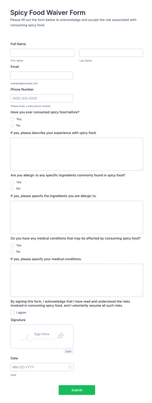 Spicy Food Waiver Form Template
