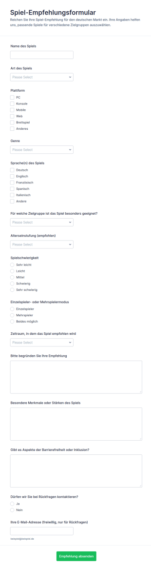 Spiel Empfehlungsformular