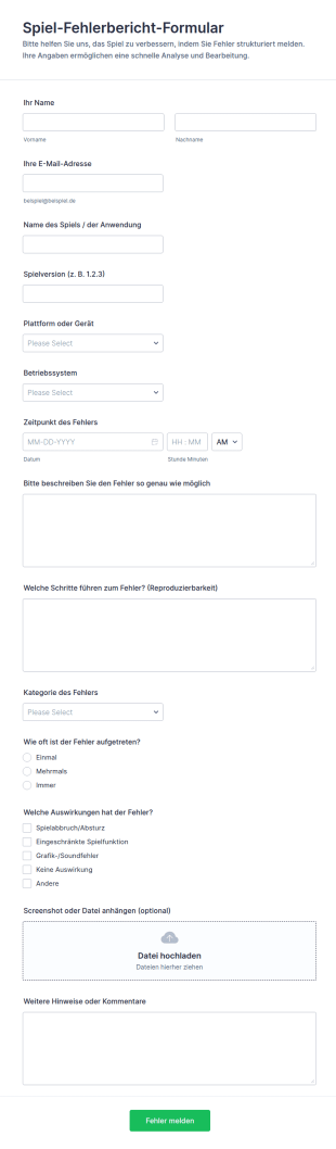 Spiel Fehlerbericht Formular