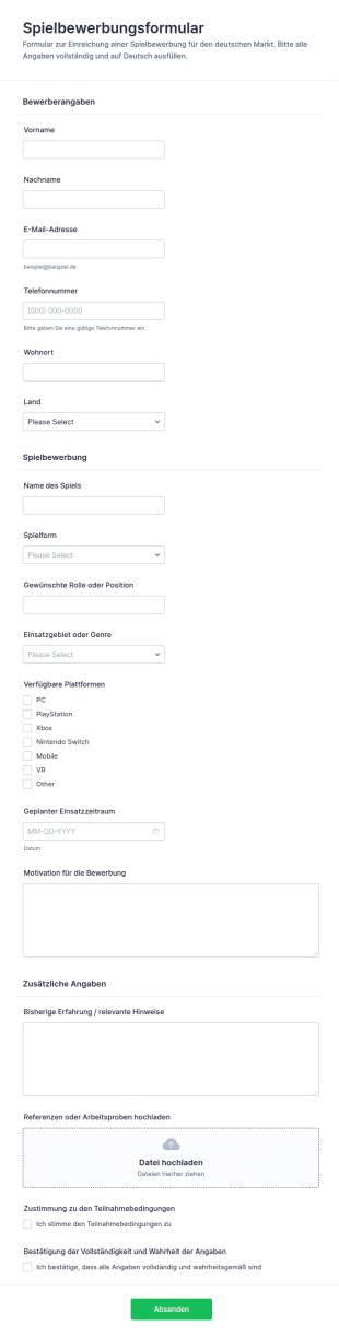 Spielbewerbung Formular