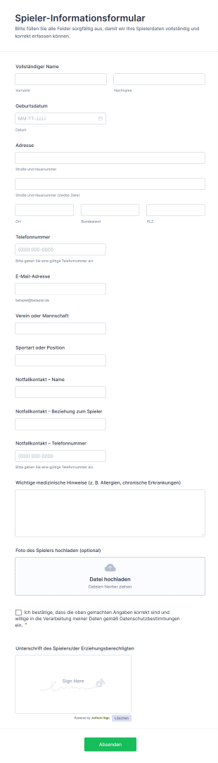 Spieler Informationsformular