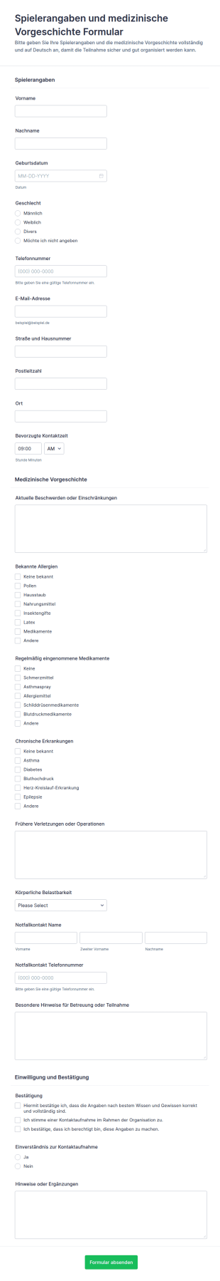 Spieler Und Medizinische Anamnesebogen