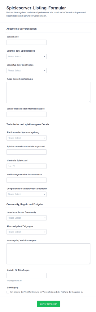 Spielserver Auflistungsformular