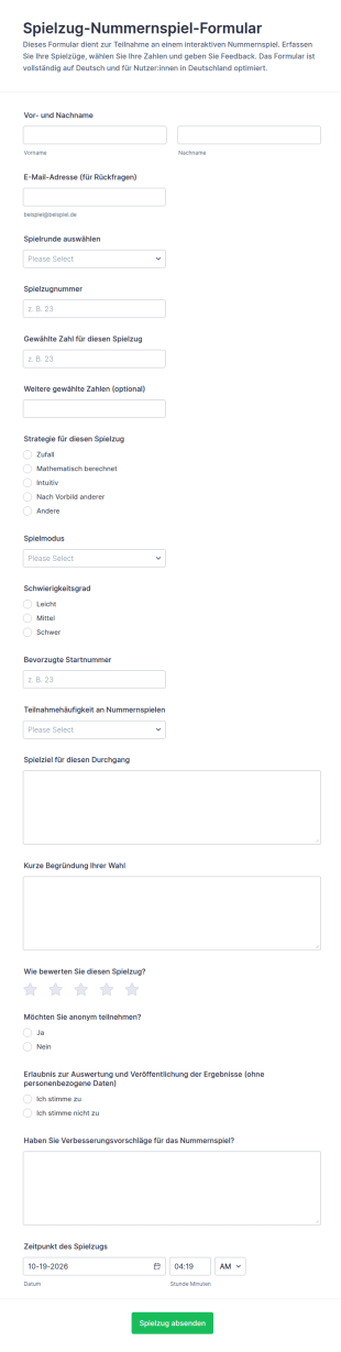 Spielzugnummern Spiel Formular