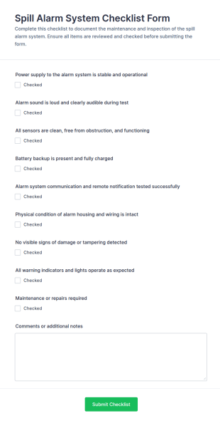Spill Alarm System Checklist Form Template