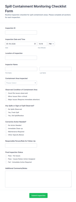 Spill Containment Monitoring Checklist Form Template