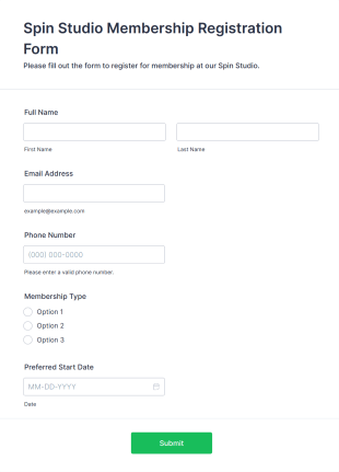 Spin Studio Membership Registration Form Template