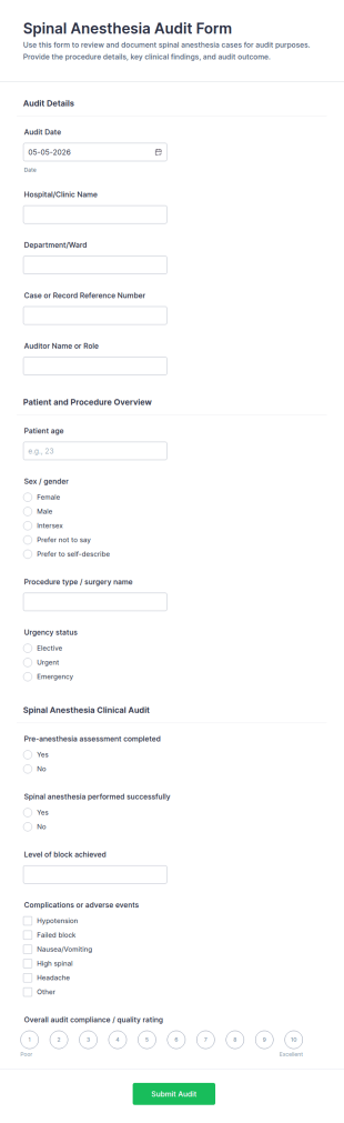 Spinal Anesthesia Audit Form Template