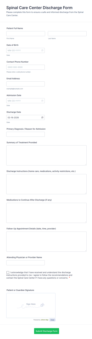 Spinal Care Center Discharge Form Template