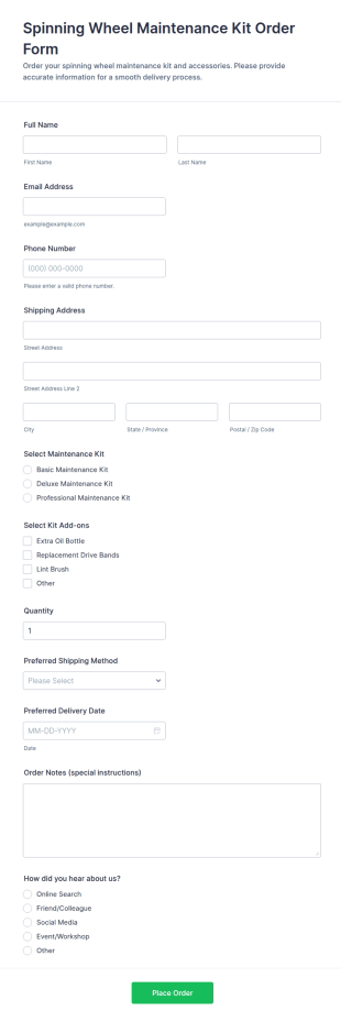 Spinning Wheel Maintenance Kit Order Form Template