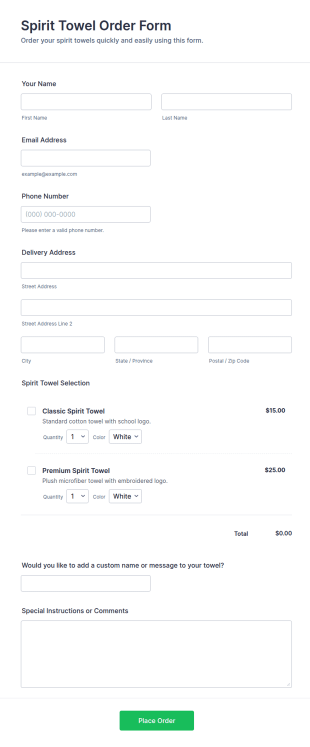 Spirit Towel Order Form Template