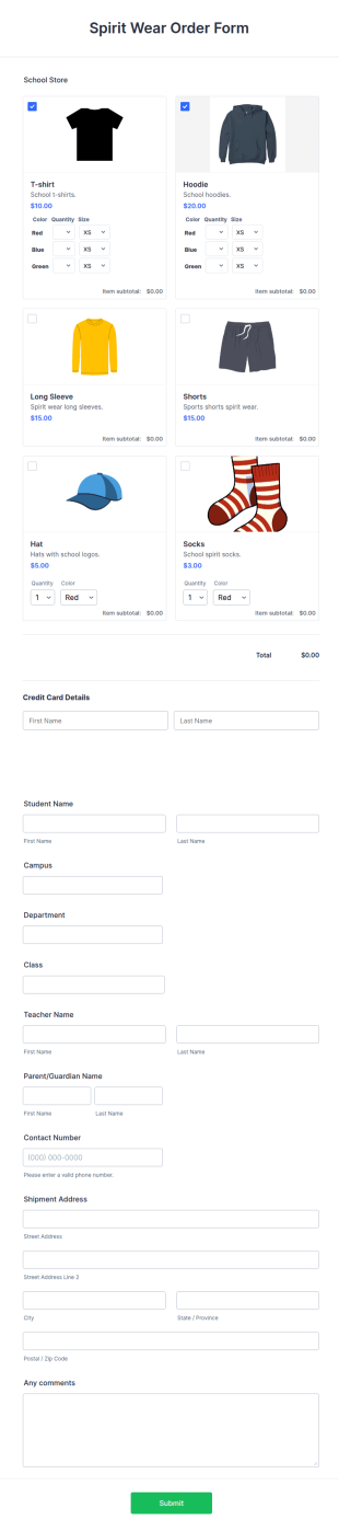 Spirit Wear Order Form Template