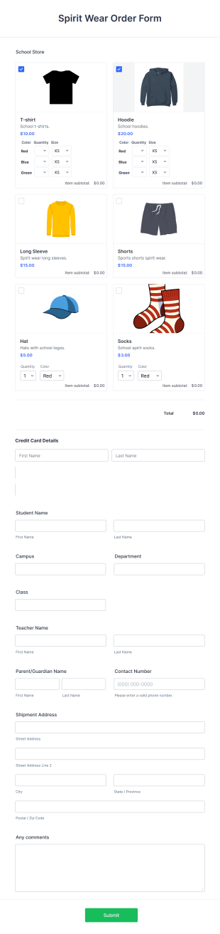 Spirit Wear Order Form Template