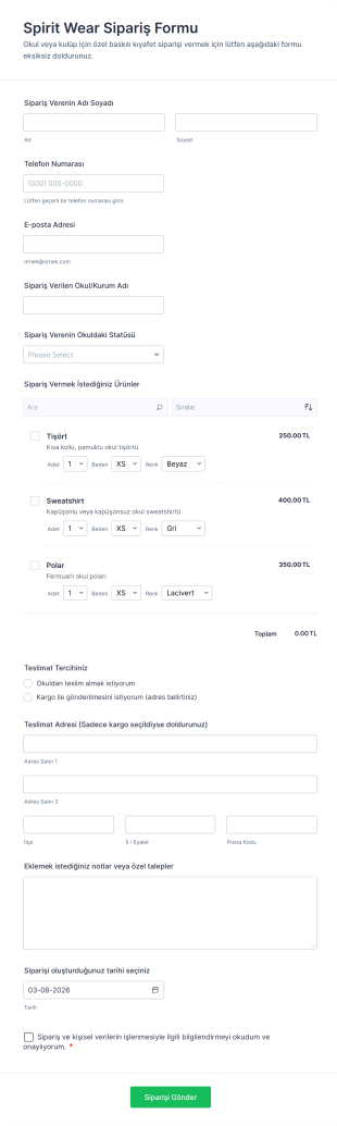 Spirit Wear Sipariş Form Şablonu