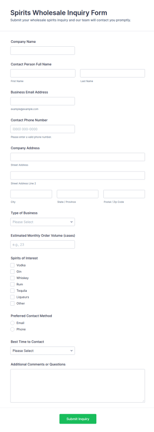 Spirits Wholesale Inquiry Form Template
