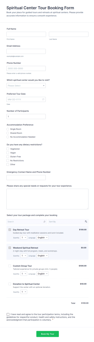 Spiritual Center Tour Booking Form Template