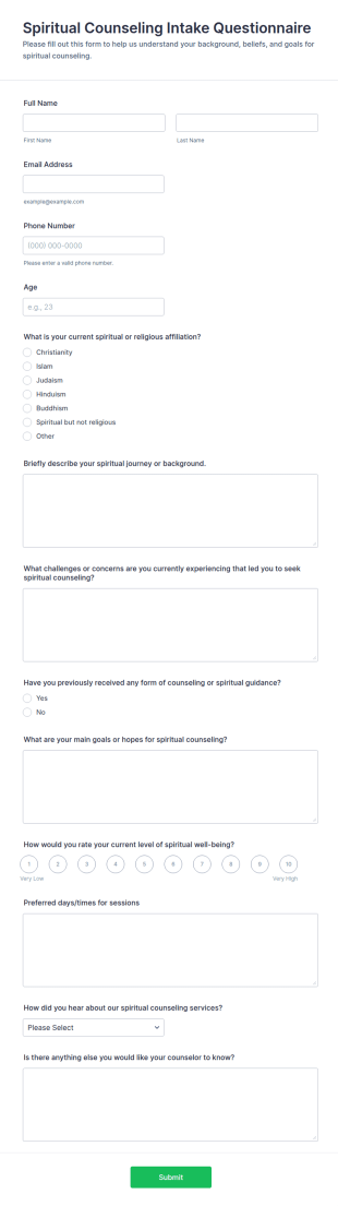 Spiritual Counseling Intake Questionnaire Form Template