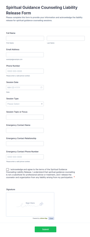 Spiritual Guidance Counseling Liability Release Form Template