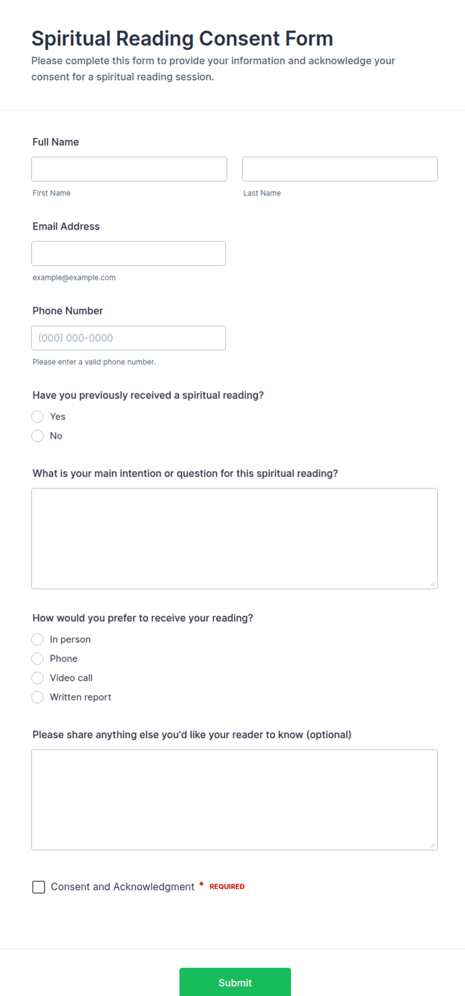 Spiritual Reading Consent Form Template | Jotform