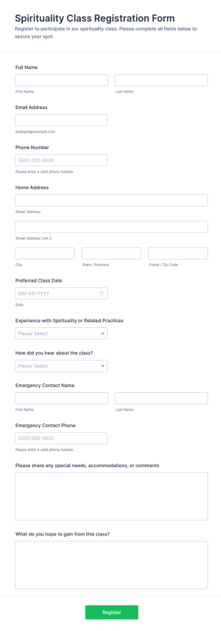 Spirituality Class Registration Form Template