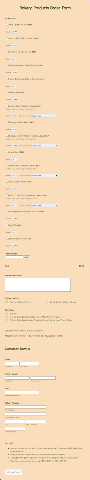 Splendid Life Cake Bar WeeklyOrder Form Template