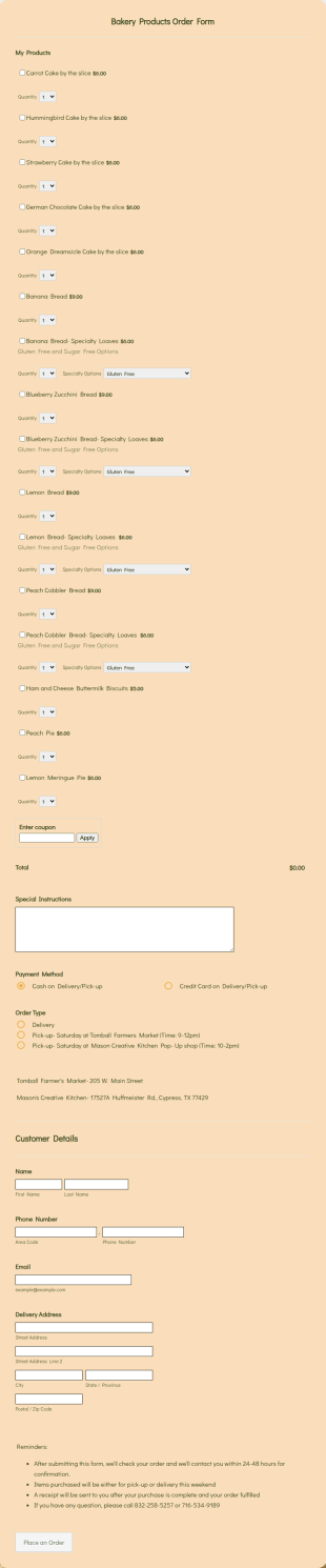 Splendid Life Cake Bar WeeklyOrder Form Template