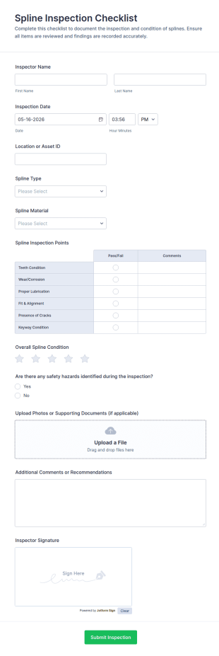Spline Inspection Checklist Form Template